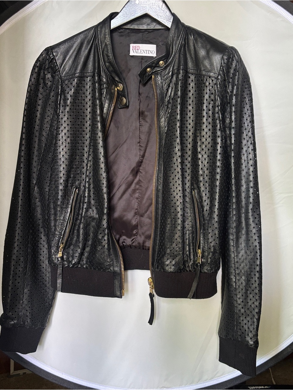 RED Valentino Black Perforated Leather Bomber with Gold Zippers